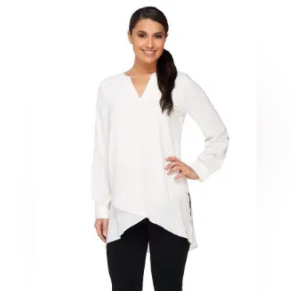 Susan Graver White V-Neck Long Sleeve Layered Asymmetrical Blouse 10P